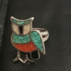 Colorful  silver Owl Bird Ring size is  approximately 6,5 adjustable